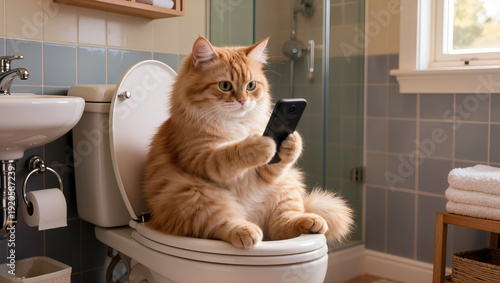 Ginger cat sitting on toilet using smartphone in bathroom. Funny anthropomorphic pet and modern technology humor concept.