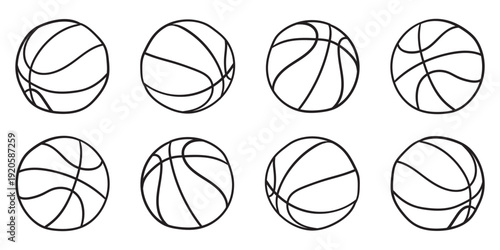 Hand drawn basketball sketch set from multiple angles in black on white, detailed line art collection perfect for sports branding, posters and merchandise design.