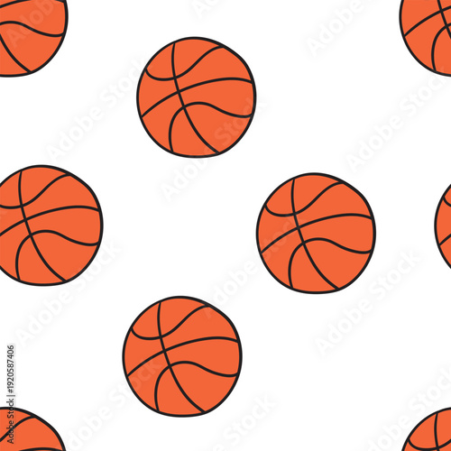 Seamless hand drawn basketball pattern on white background, clean sports repeat ideal for team branding, textile print, packaging and athletic merchandise.