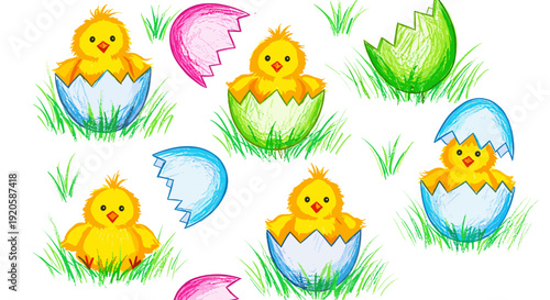 Cute yellow chick hatching from colorful eggs