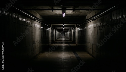 Dark Tunnel With Lights Running Along the Walls at Night in an Urban Area
