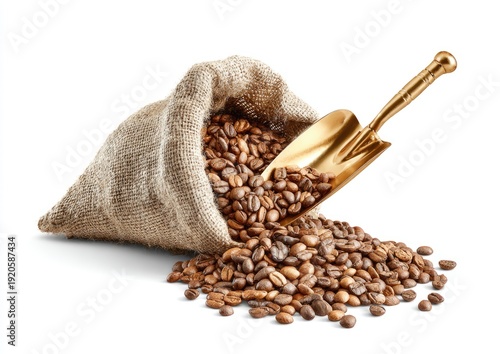 A burlap sack spills roasted coffee beans, a golden scoop rests amongst the pile