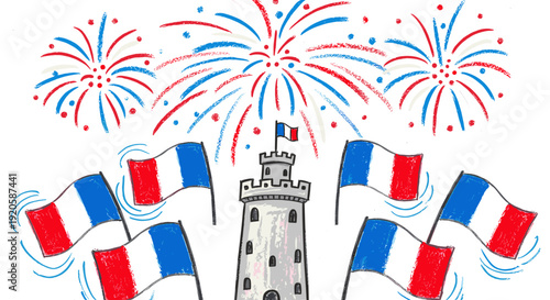 Celebration of french independence with fireworks and flags