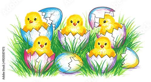Cute yellow chicks hatching from colorful eggs in green grass