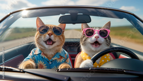 Two stylish cats driving convertible car on sunny road trip. Funny anthropomorphic summer travel and vacation concept.