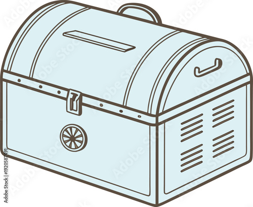 Light blue metal trunk with handle and wheel