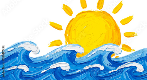 Childlike drawing of a bright sun shining over blue ocean waves