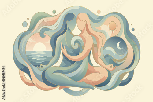 Woman meditates in serene nature setting with ocean and moon