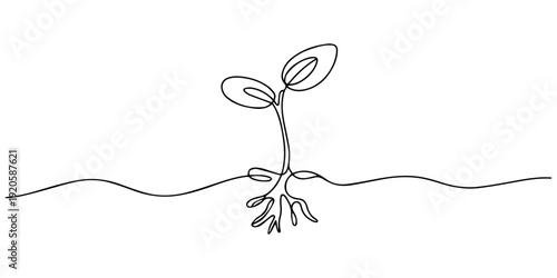 Continuous one line drawing of the step by step process of a plant growing from seed to sprout in doodle style, Minimalist line art of growing plant with two leaves, no editable stroke, Growing sprout