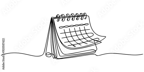 Loose-leaf calendar in one continuous line vector illustration, Loose-leaf calendar continuous line drawing. One line art of calendar, memorable date, countdown, holiday, weekday and weekend. Eps 10. 