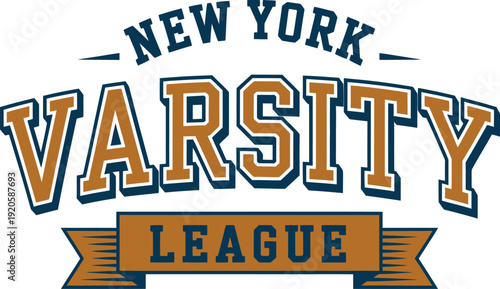 New York Varsity League Athletics T-Shirt Design with Bold Collegiate Typography and Ribbon Banner for Retro American Sports Apparel