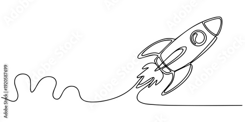 Rocket one line art minimalist continuous drawing vector illustration, One continuous line drawing of simple retro spacecraft flying up to the outer space nebula. Rocket space ship launch into.