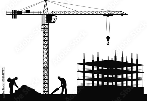 Construction site silhouette, tower crane workers building structure, industrial engineering vector, urban development illustration design
