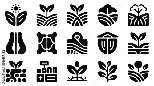 Collection of modern eco friendly and business growth icons in black