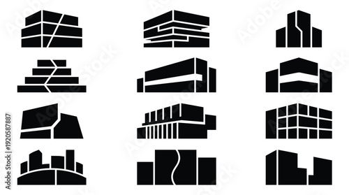 Modern building icons set in minimalist black design