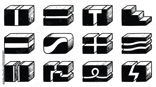 Set of 3D block icons with various designs and shapes