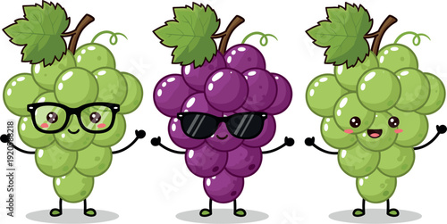 Cute cartoon grape characters set with funny faces green and purple fruit mascots isolated on white background