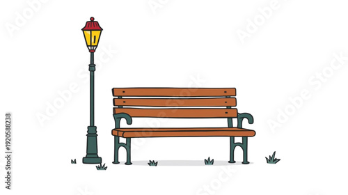 bench and garden lamp with grass