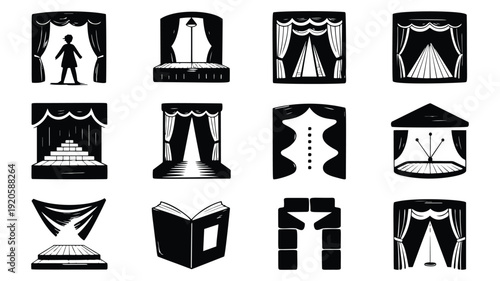 Theatrical stage designs with curtains and spotlights for presentations