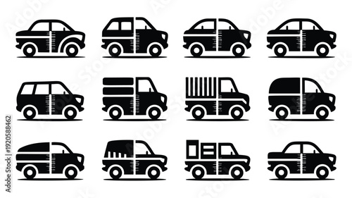 Black silhouettes of various delivery trucks and cars on white background