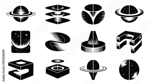 Modern black and white geometric shapes and planets illustrations