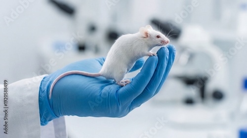White lab mouse standing on gloved hand in laboratory setting  