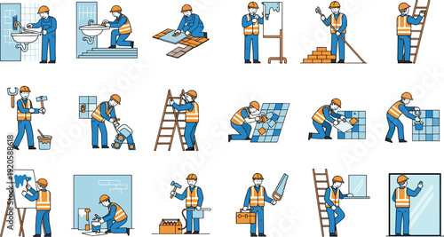 Construction Workers and Handyman Service Set with Repair Installation Painting and Building Tasks Vector Illustration