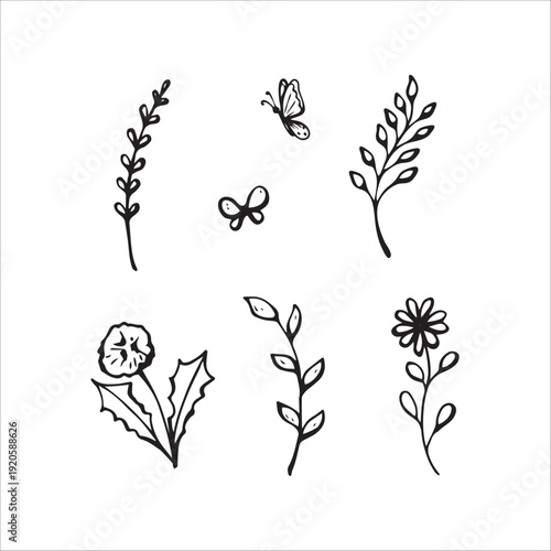 Whimsical spring and summer sprigs and butterfly 