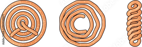 Three pretzels in different shapes illustrated in cartoon style