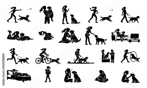 Collection of black silhouette human activity icons featuring people in various everyday actions and poses. Clean vector illustration set isolated on white background, perfect for infographic, web.