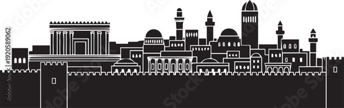 Jerusalem skyline panoramic view ancient city wall religious buildings domes minarets outline vector silhouette illustration