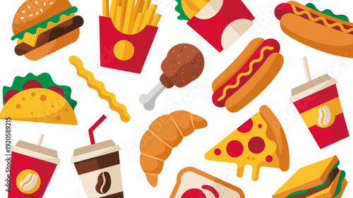 Assorted fast food including burger hot dog pizza fries taco and drinks