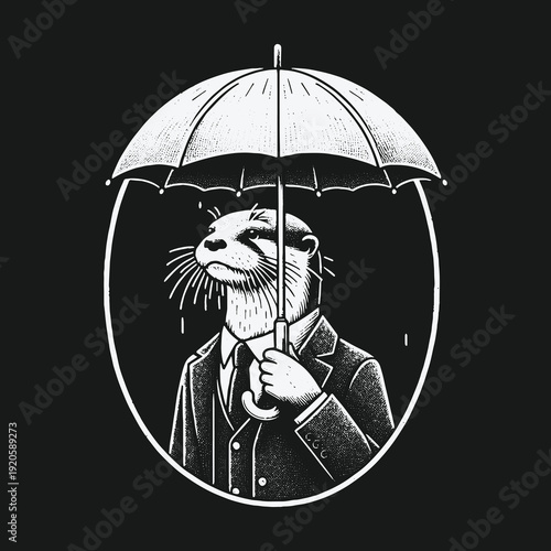 Otter in a Suit Under an Umbrella: A Whimsical Illustration.