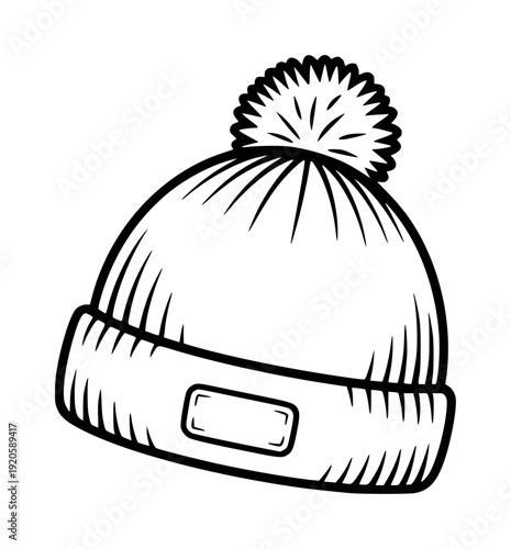 Black and White Line of a Winter Beanie Hat with a Pom pompom knit
