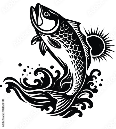 Stylized Black and White Jumping Fish Illustration.