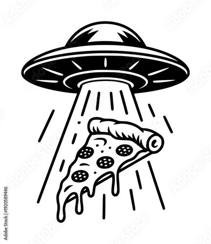 Black and white of a flying saucer abducting a slice of pepperoni pizza with cheese