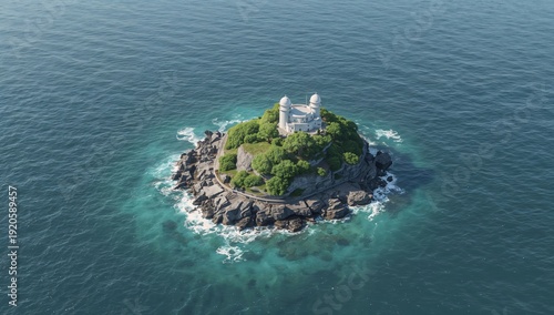 Beautiful Island With a Building and Green Trees Surrounded by Water and Rock...