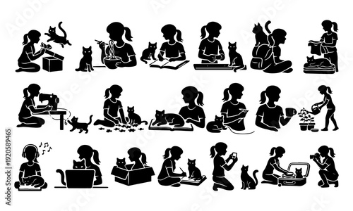 Collection of black silhouette human activity icons featuring people in various everyday actions and poses. Clean vector illustration set isolated on white background, perfect for infographic, web.