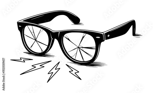 Black broken eyeglasses with radiating lightning bolts white background cracked eyewear