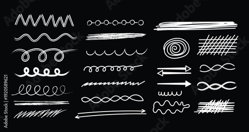 Collection of white hand drawn lines and arrows on black