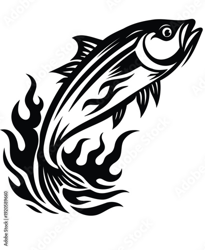 Tribal Style Jumping Fish Illustration with Flames.