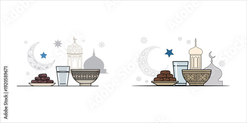 Arabic coffee and dates vector illustration, set of traditional ramadan food and drink
