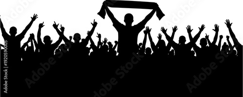 Dynamic black silhouette vector illustration of a large cheering crowd of sports fans raising their hands at a stadium.