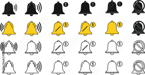 Notification Bell Icon Set Vector Illustration with Alert Symbols Message Reminders and Sound On Off UI Elements For Apps