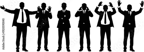 Black silhouettes of professional corporate businessmen standing and gesturing with their hands up isolated on a stark white background.