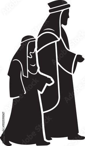 Religious figures in traditional robes walking together vector silhouette illustration