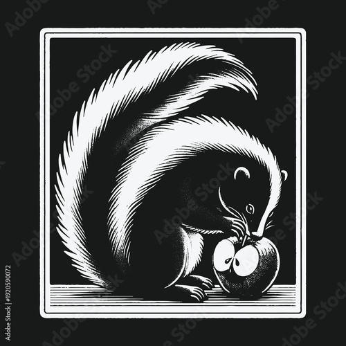 Skunk Eating Apple Illustration in Black and White Style.