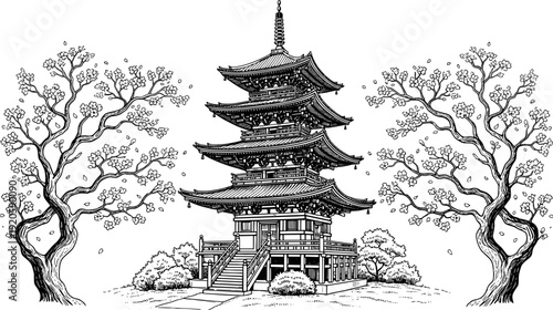 Detailed black and white vector line art illustration of a traditional Japanese pagoda temple surrounded by beautiful cherry blossom trees.