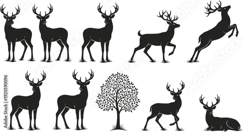 Big collection of detailed black silhouettes of wild deer bucks with antlers in various poses and a nature tree.