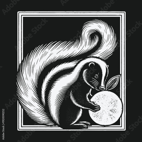 Skunk with Moon in Woodcut Style Illustration.